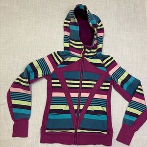 Ivivva Girls 14 Lululemon Scuba Style Hooded Zip Up Sweater Striped Purple Pink